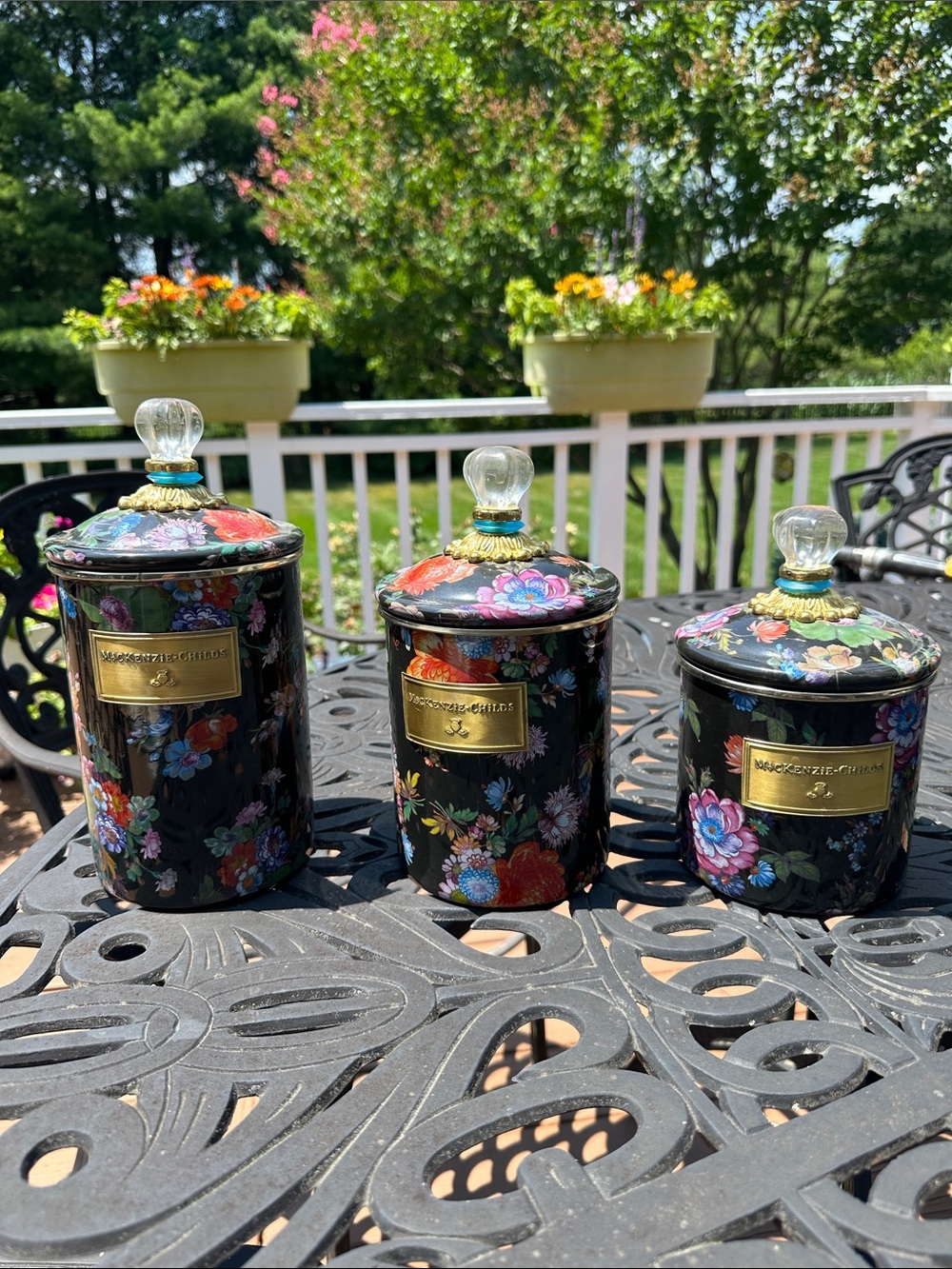 MacKenzie-Childs Black Floral Canister Trio with Glass Knobs
